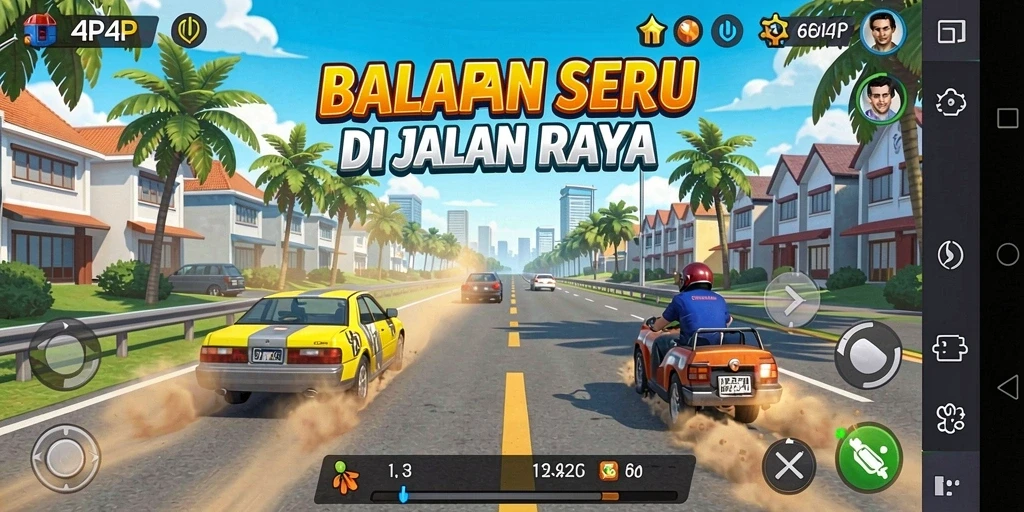 Tampilan gameplay seru di 4P4P dengan mobil balap melaju cepat.