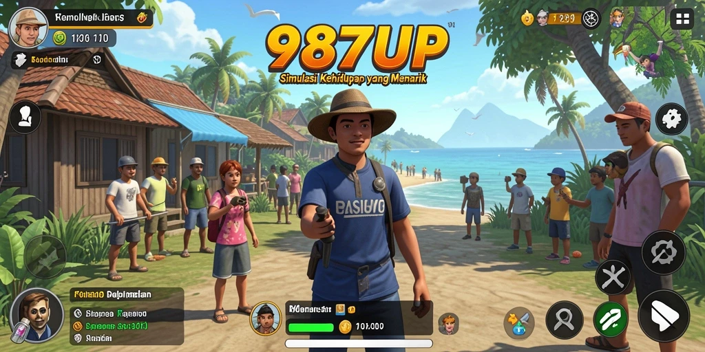 Screenshot utama 987UP menampilkan karakter menjalani kehidupan sehari-hari yang interaktif.