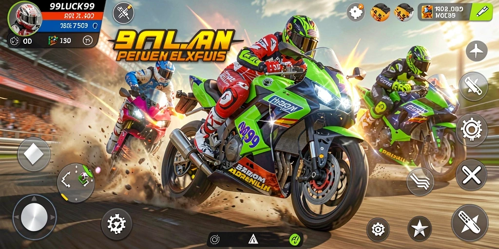 Screenshot gameplay menampilkan aksi balapan motor yang mendebarkan.