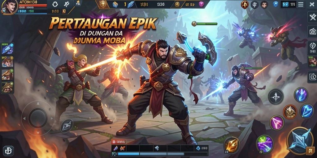 Tampilan aksi pertarungan tim dalam ATOM138 di arena MOBA.