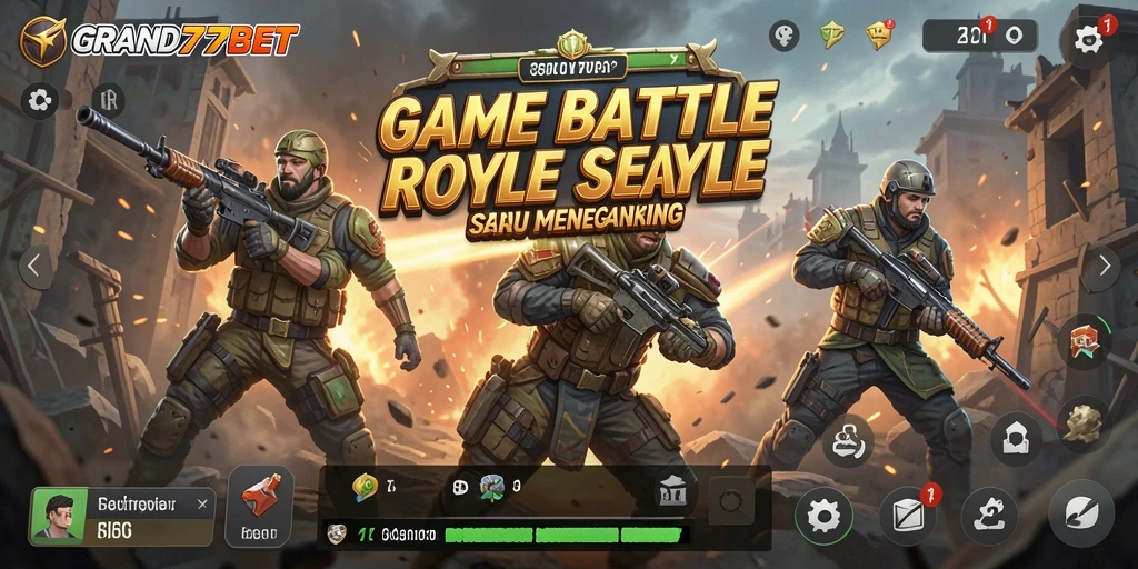 Tangkapan layar utama GRAND77BET menampilkan pemain bertarung di medan perang Battle Royale.