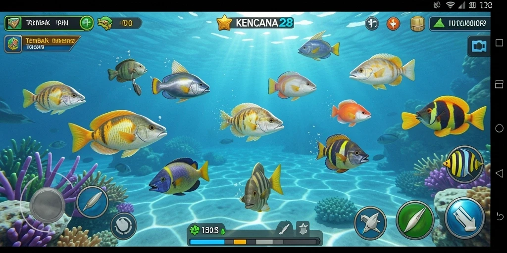 Screenshot gameplay KENCANA28 menampilkan aksi seru menembak ikan yang berwarna-warni.