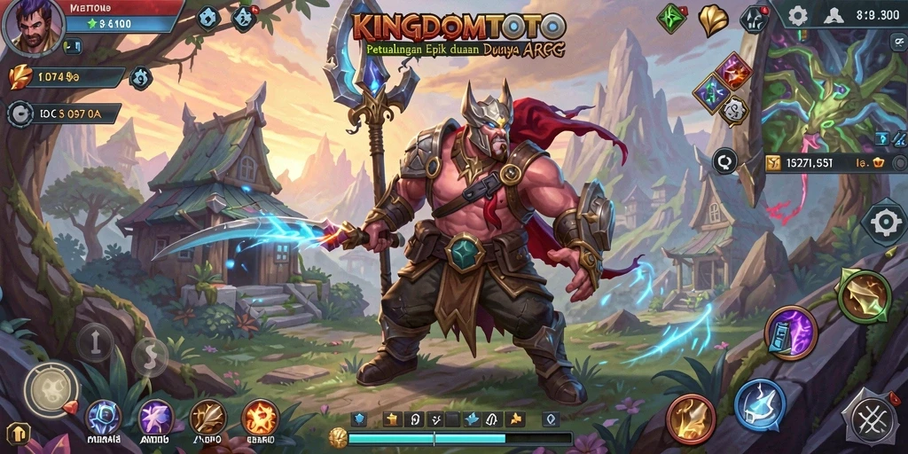 Tampilan gameplay <strong>KINGDOMTOTO</strong> dengan pertarungan epik dan pemandangan menakjubkan.