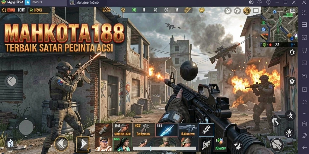 Tampilan gameplay intens dari MAHKOTA188 dengan aksi tembak-menembak yang seru.