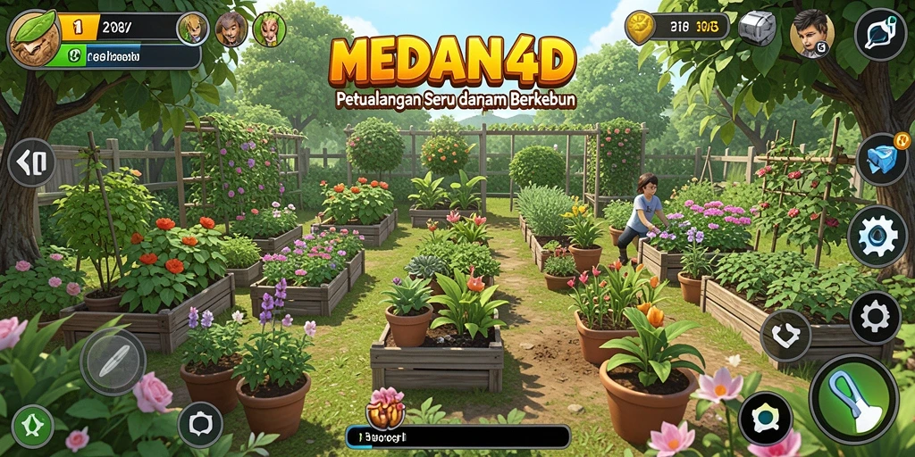 Tampilan gameplay seru dalam MEDAN4D dengan kebun yang indah.