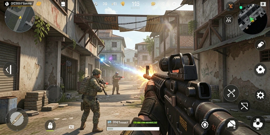 Screenshot gameplay OCE69 dengan aksi pertempuran FPS yang menegangkan.