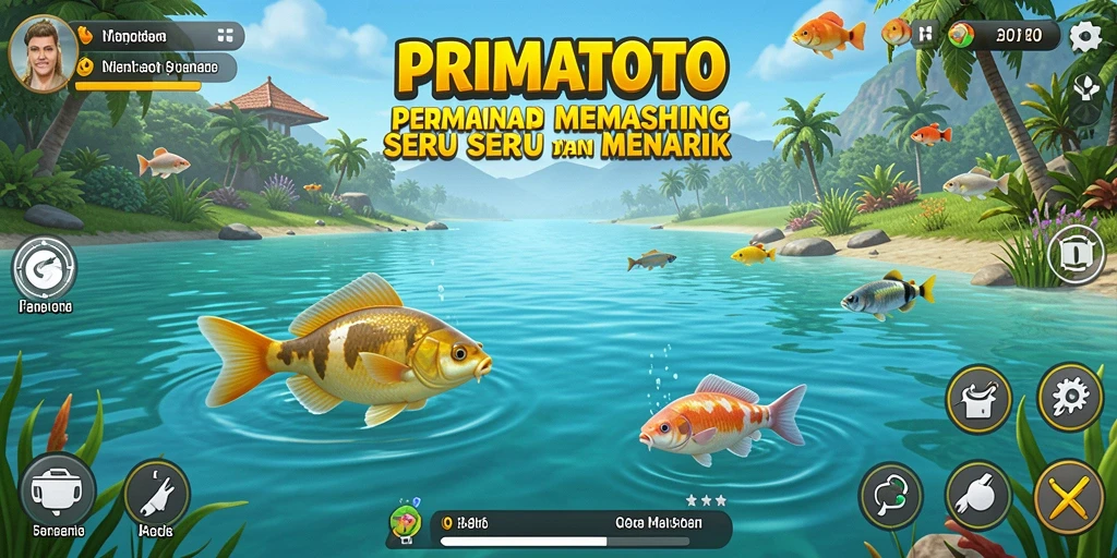 Screenshot gameplay PRIMATOTO menampilkan aksi memancing yang mendebarkan.
