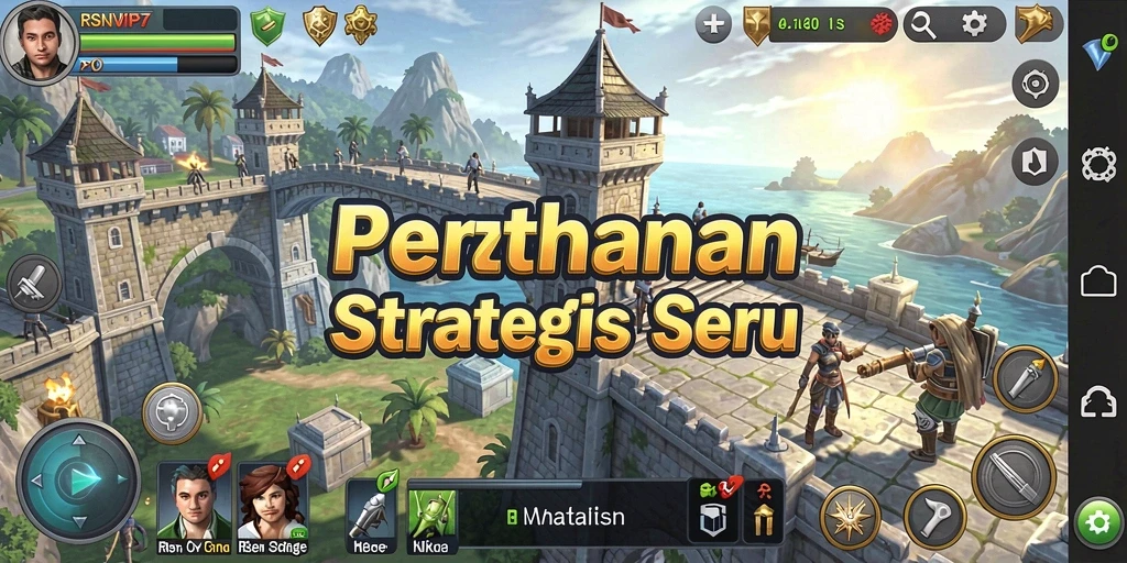 Screenshot utama RSNVIP7 menampilkan aksi menara bertahan melawan serangan musuh.