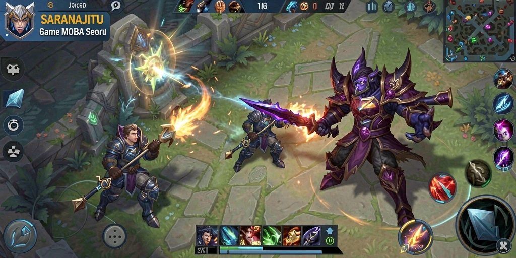 Tampilan gameplay seru di SARANAJITU yang menampilkan aksi MOBA.