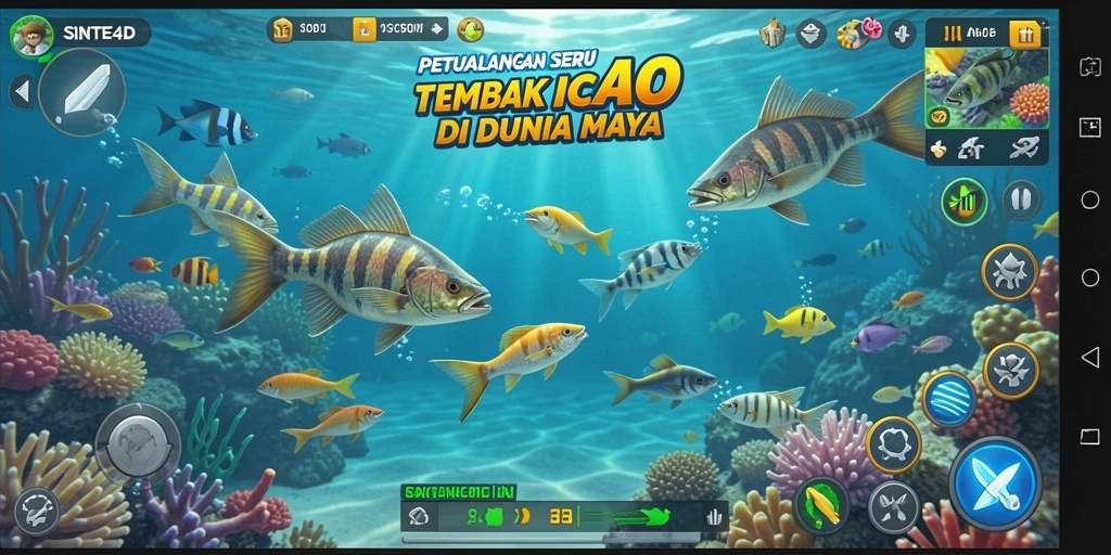 Screenshot gameplay SINTE4D dengan aksi menembak ikan yang seru.